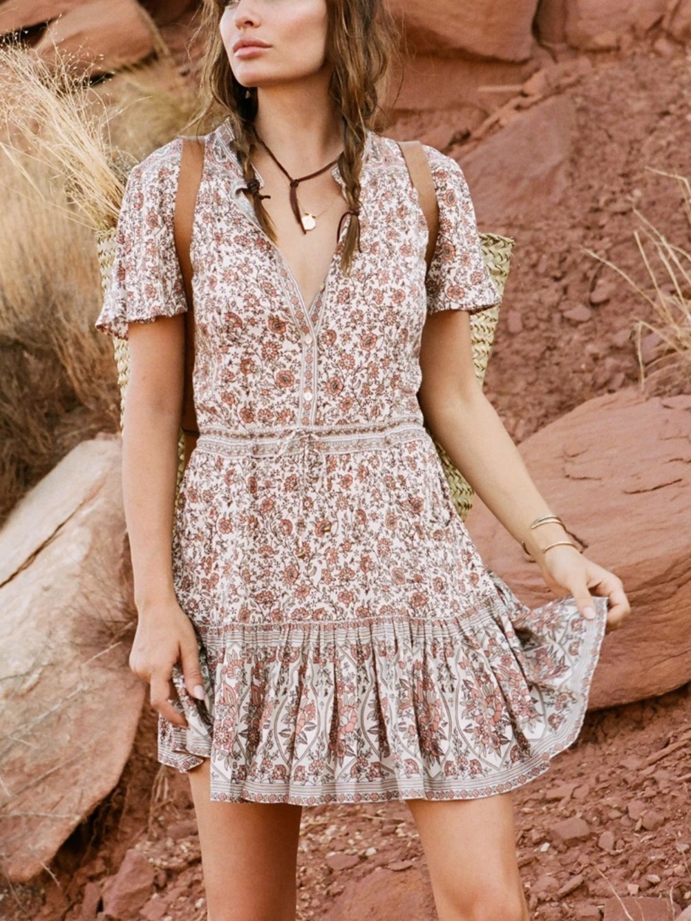 SPELL & The Gypsy Jasmine Flutter Sleeve Playdress Cream Boho Floral Mini Size M